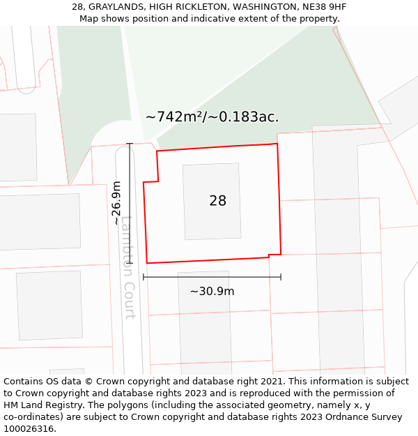 28, GRAYLANDS, HIGH RICKLETON, WASHINGTON, NE38 9HF: Plot and title map