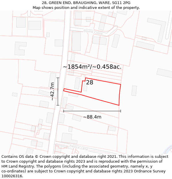 28, GREEN END, BRAUGHING, WARE, SG11 2PG: Plot and title map