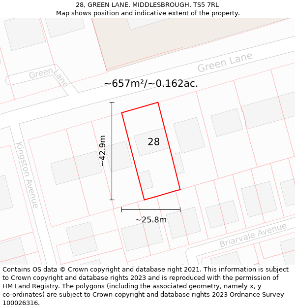 28, GREEN LANE, MIDDLESBROUGH, TS5 7RL: Plot and title map