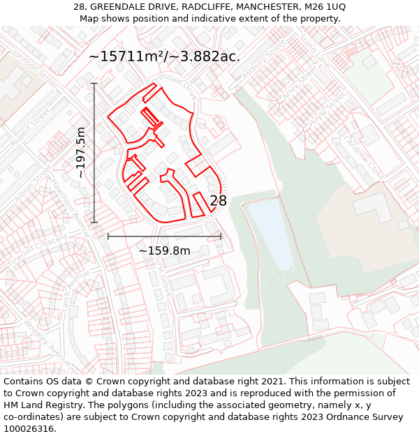 28, GREENDALE DRIVE, RADCLIFFE, MANCHESTER, M26 1UQ: Plot and title map