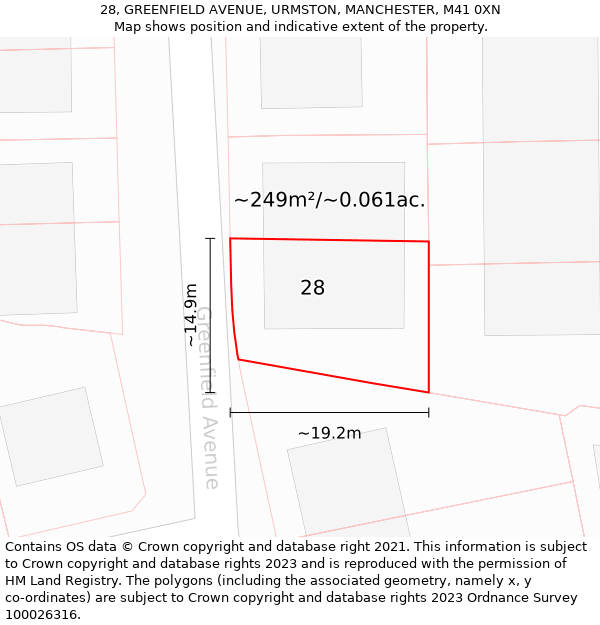 28, GREENFIELD AVENUE, URMSTON, MANCHESTER, M41 0XN: Plot and title map