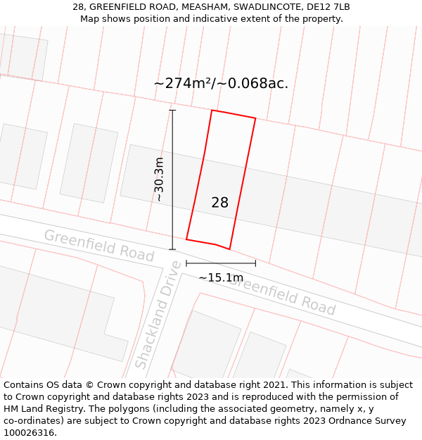 28, GREENFIELD ROAD, MEASHAM, SWADLINCOTE, DE12 7LB: Plot and title map