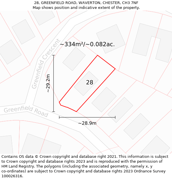 28, GREENFIELD ROAD, WAVERTON, CHESTER, CH3 7NF: Plot and title map