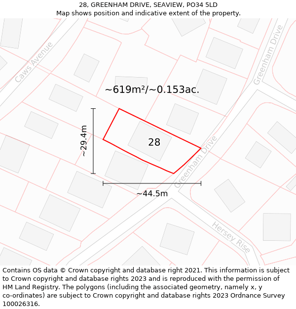 28, GREENHAM DRIVE, SEAVIEW, PO34 5LD: Plot and title map