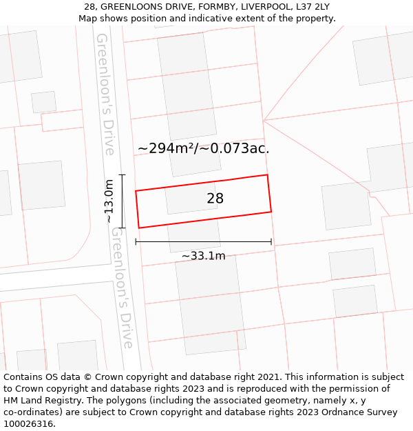 28, GREENLOONS DRIVE, FORMBY, LIVERPOOL, L37 2LY: Plot and title map