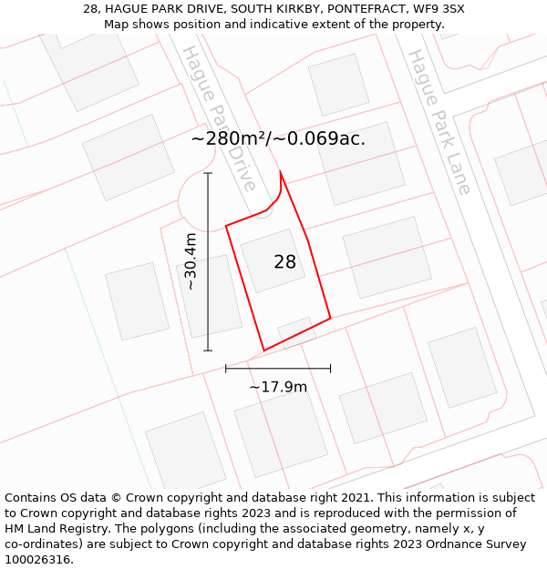 28, HAGUE PARK DRIVE, SOUTH KIRKBY, PONTEFRACT, WF9 3SX: Plot and title map