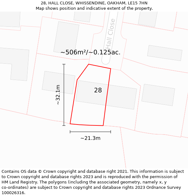 28, HALL CLOSE, WHISSENDINE, OAKHAM, LE15 7HN: Plot and title map