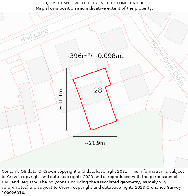 28, HALL LANE, WITHERLEY, ATHERSTONE, CV9 3LT: Plot and title map