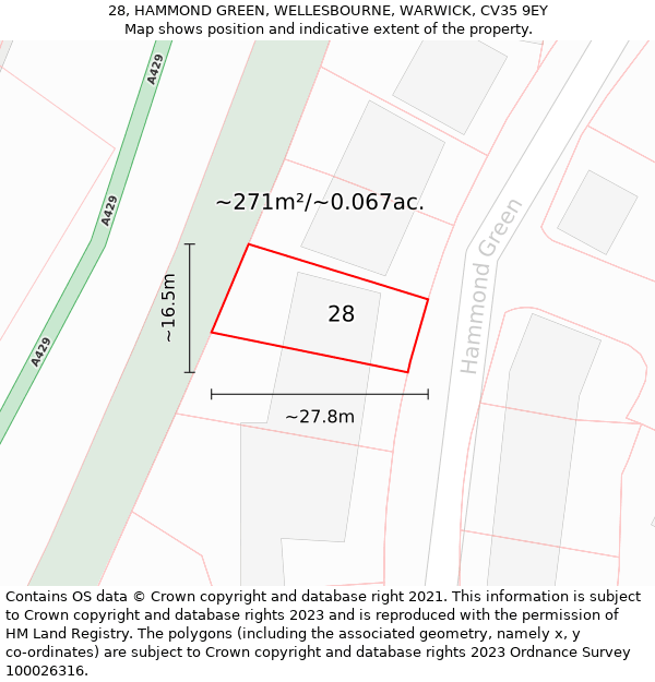 28, HAMMOND GREEN, WELLESBOURNE, WARWICK, CV35 9EY: Plot and title map