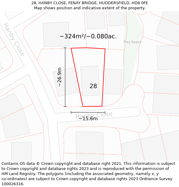 28, HANBY CLOSE, FENAY BRIDGE, HUDDERSFIELD, HD8 0FE: Plot and title map