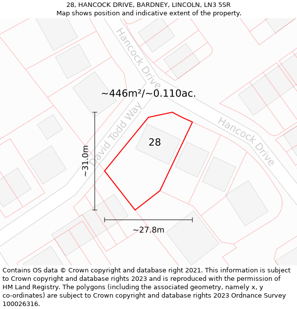 28, HANCOCK DRIVE, BARDNEY, LINCOLN, LN3 5SR: Plot and title map