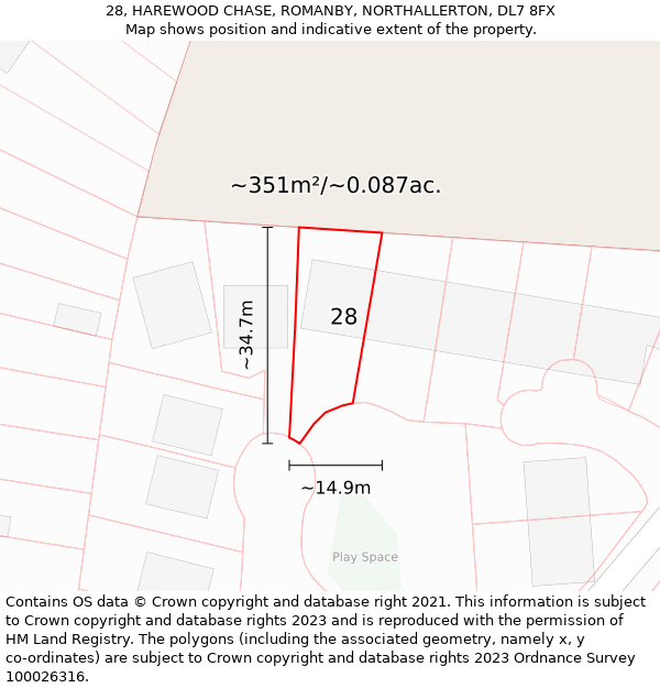 28, HAREWOOD CHASE, ROMANBY, NORTHALLERTON, DL7 8FX: Plot and title map