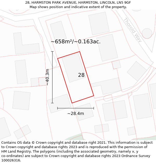 28, HARMSTON PARK AVENUE, HARMSTON, LINCOLN, LN5 9GF: Plot and title map