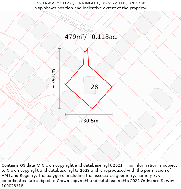 28, HARVEY CLOSE, FINNINGLEY, DONCASTER, DN9 3RB: Plot and title map