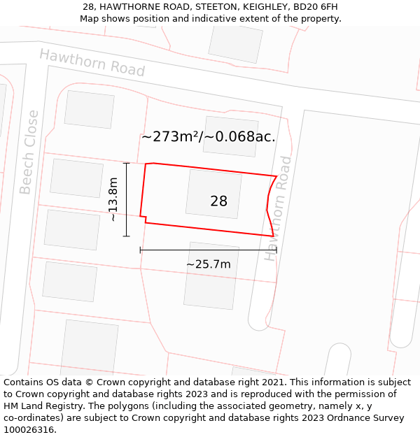 28, HAWTHORNE ROAD, STEETON, KEIGHLEY, BD20 6FH: Plot and title map