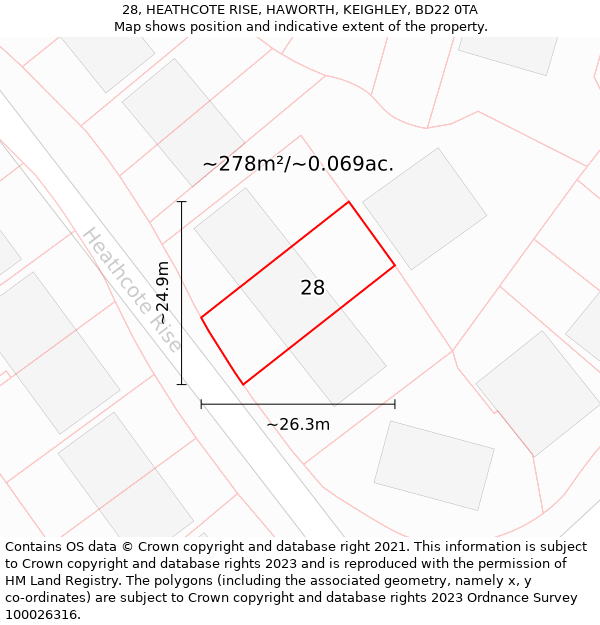 28, HEATHCOTE RISE, HAWORTH, KEIGHLEY, BD22 0TA: Plot and title map