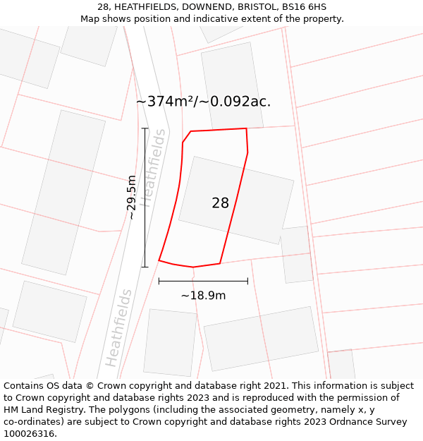 28, HEATHFIELDS, DOWNEND, BRISTOL, BS16 6HS: Plot and title map