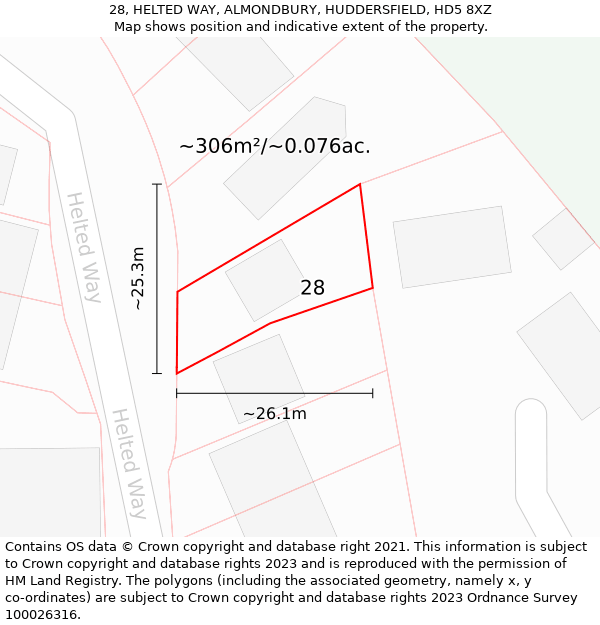 28, HELTED WAY, ALMONDBURY, HUDDERSFIELD, HD5 8XZ: Plot and title map