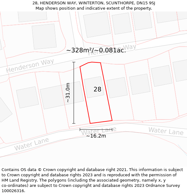 28, HENDERSON WAY, WINTERTON, SCUNTHORPE, DN15 9SJ: Plot and title map