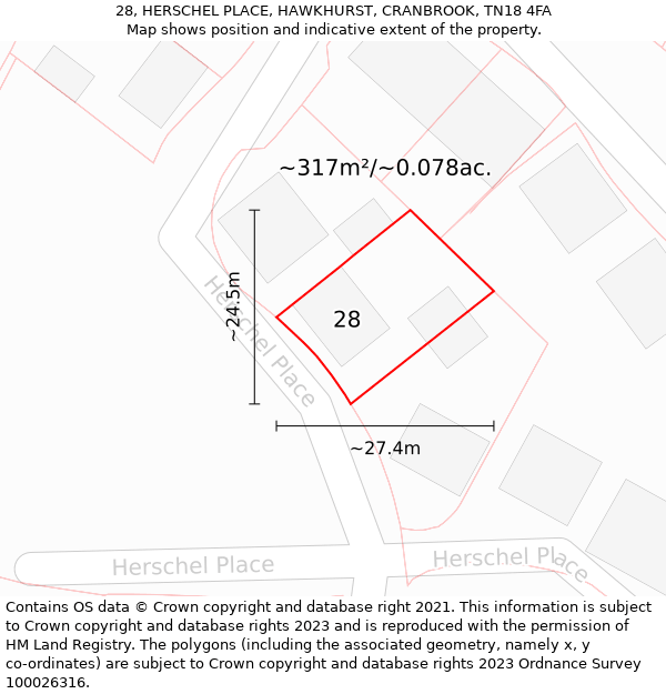 28, HERSCHEL PLACE, HAWKHURST, CRANBROOK, TN18 4FA: Plot and title map