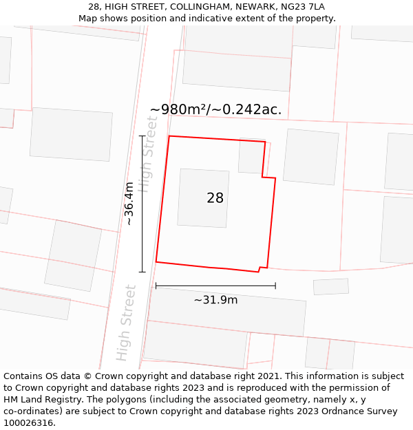 28, HIGH STREET, COLLINGHAM, NEWARK, NG23 7LA: Plot and title map