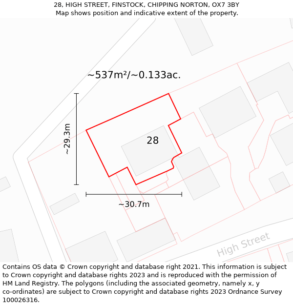 28, HIGH STREET, FINSTOCK, CHIPPING NORTON, OX7 3BY: Plot and title map