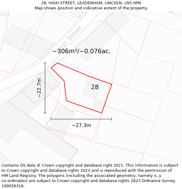 28, HIGH STREET, LEADENHAM, LINCOLN, LN5 0PN: Plot and title map