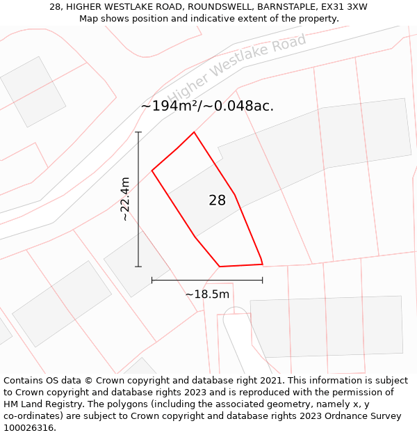 28, HIGHER WESTLAKE ROAD, ROUNDSWELL, BARNSTAPLE, EX31 3XW: Plot and title map