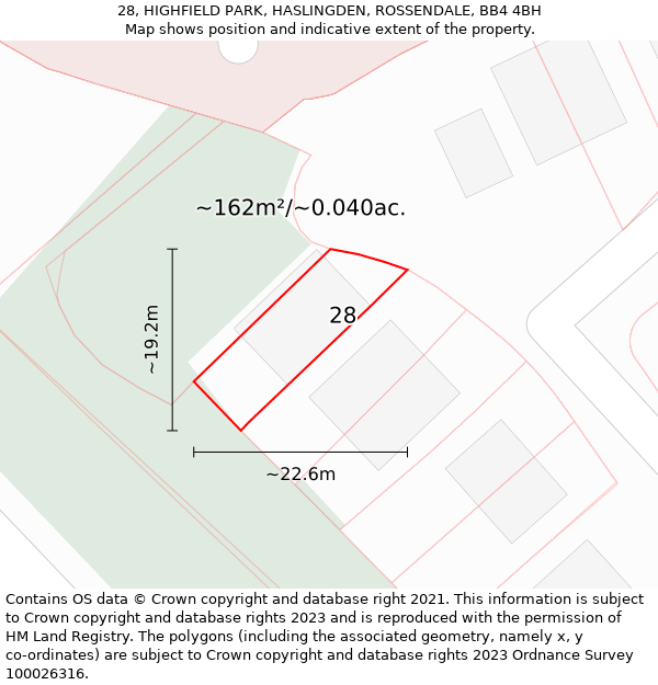 28, HIGHFIELD PARK, HASLINGDEN, ROSSENDALE, BB4 4BH: Plot and title map