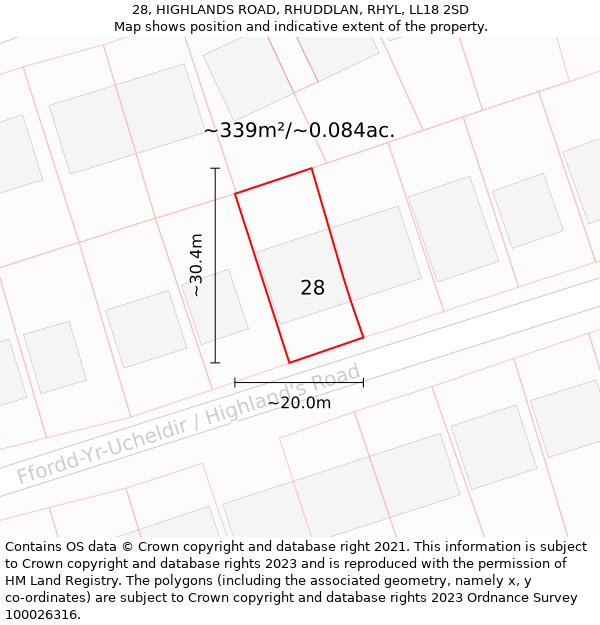 28, HIGHLANDS ROAD, RHUDDLAN, RHYL, LL18 2SD: Plot and title map
