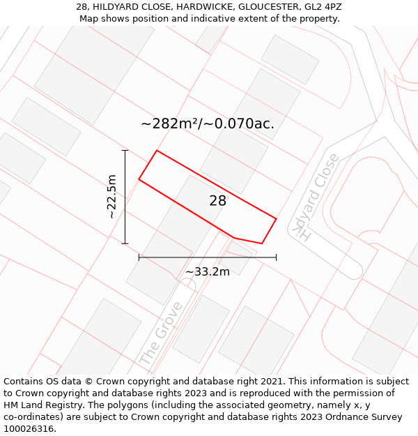 28, HILDYARD CLOSE, HARDWICKE, GLOUCESTER, GL2 4PZ: Plot and title map