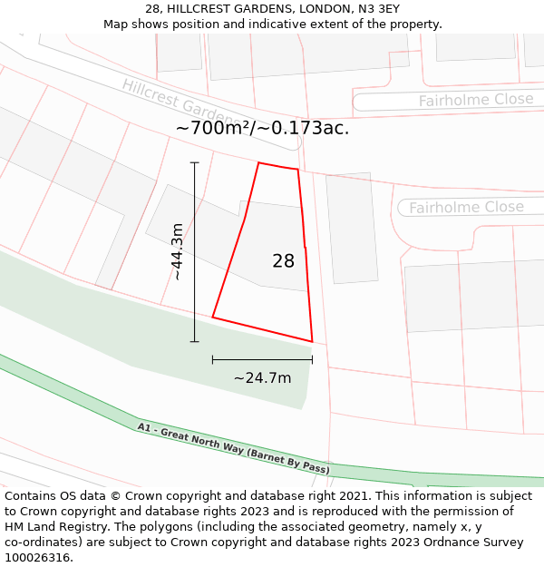 28, HILLCREST GARDENS, LONDON, N3 3EY: Plot and title map