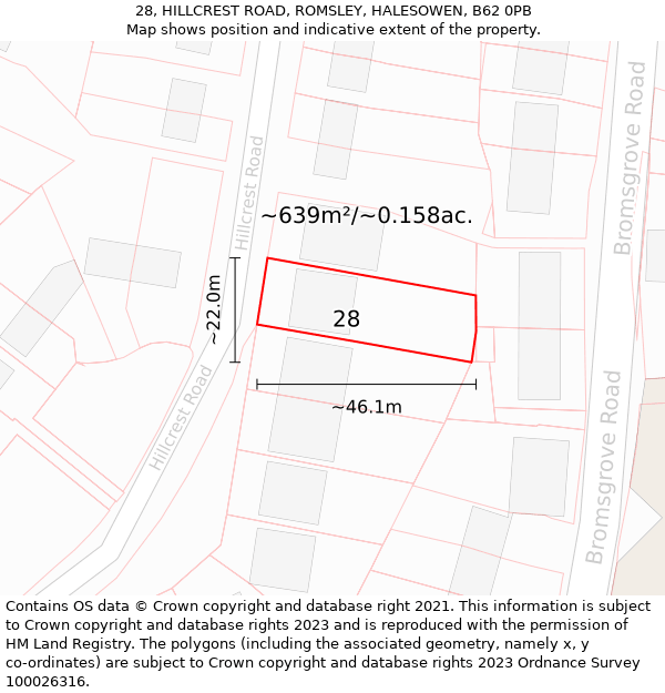 28, HILLCREST ROAD, ROMSLEY, HALESOWEN, B62 0PB: Plot and title map