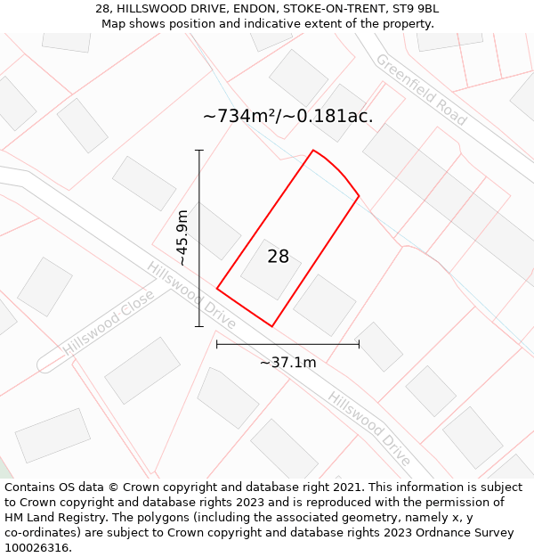 28, HILLSWOOD DRIVE, ENDON, STOKE-ON-TRENT, ST9 9BL: Plot and title map