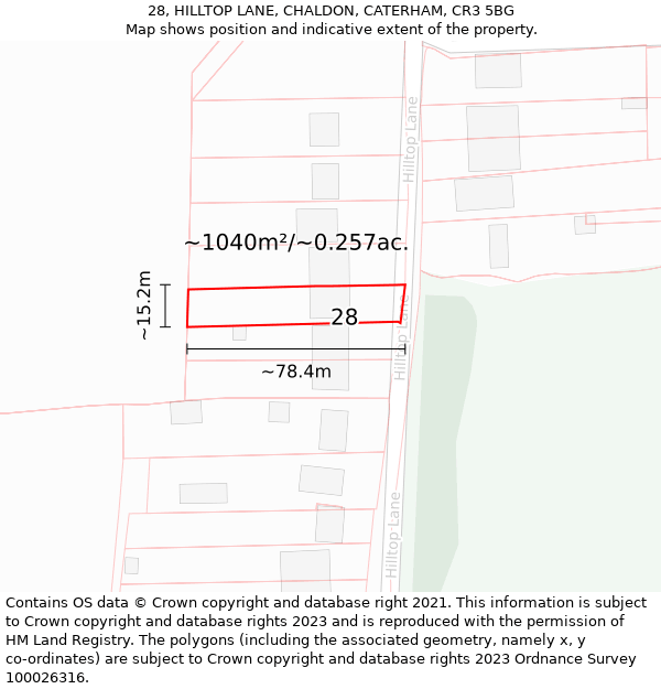 28, HILLTOP LANE, CHALDON, CATERHAM, CR3 5BG: Plot and title map