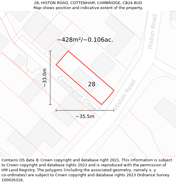 28, HISTON ROAD, COTTENHAM, CAMBRIDGE, CB24 8UD: Plot and title map