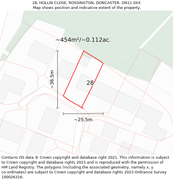 28, HOLLIN CLOSE, ROSSINGTON, DONCASTER, DN11 0XX: Plot and title map