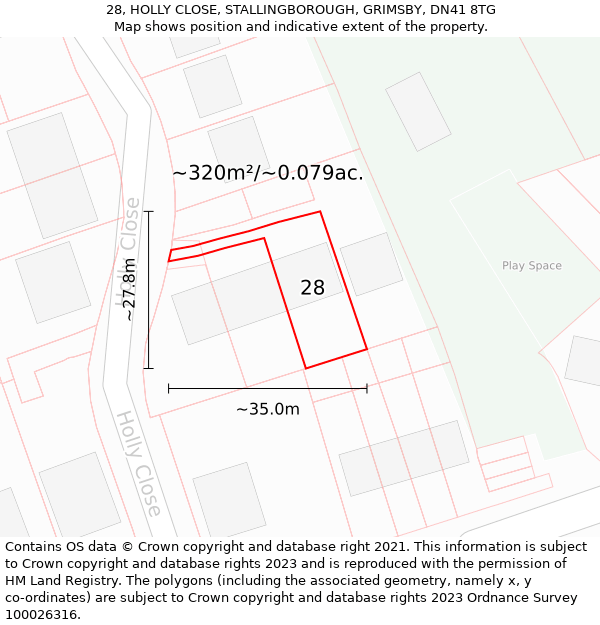 28, HOLLY CLOSE, STALLINGBOROUGH, GRIMSBY, DN41 8TG: Plot and title map