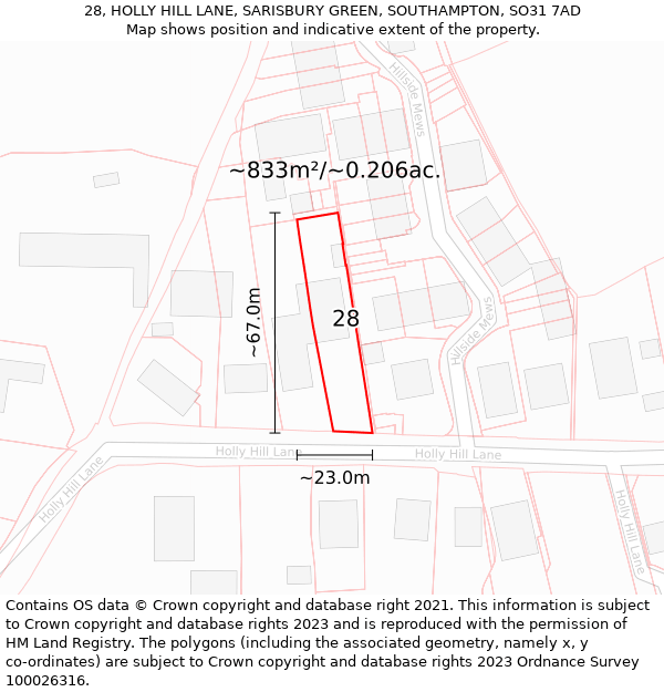 28, HOLLY HILL LANE, SARISBURY GREEN, SOUTHAMPTON, SO31 7AD: Plot and title map