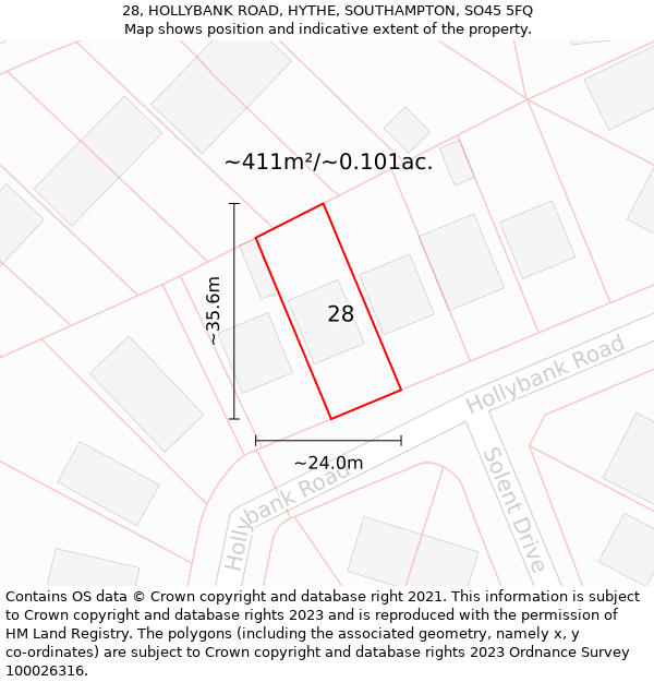 28, HOLLYBANK ROAD, HYTHE, SOUTHAMPTON, SO45 5FQ: Plot and title map