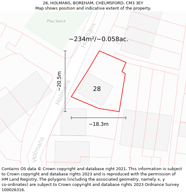 28, HOLMANS, BOREHAM, CHELMSFORD, CM3 3EY: Plot and title map