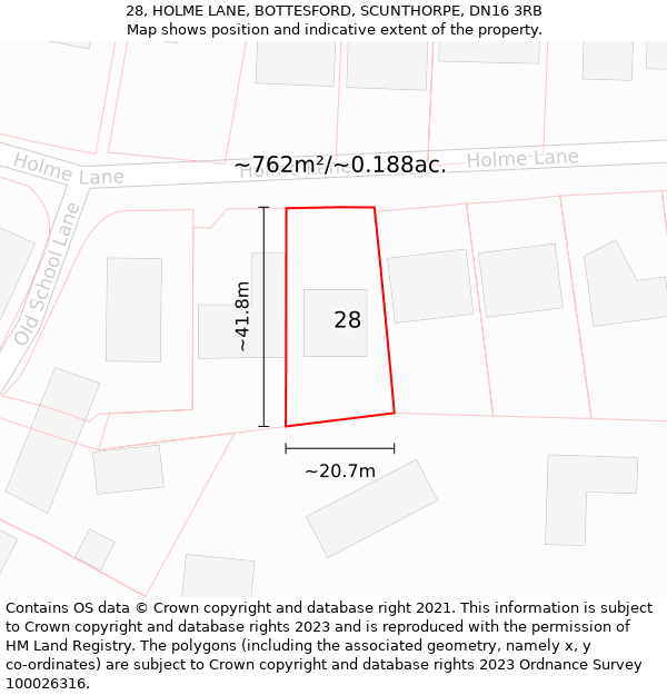 28, HOLME LANE, BOTTESFORD, SCUNTHORPE, DN16 3RB: Plot and title map