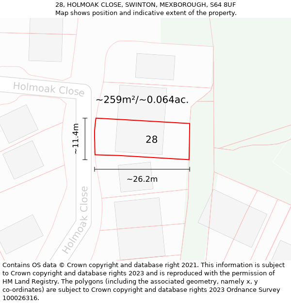 28, HOLMOAK CLOSE, SWINTON, MEXBOROUGH, S64 8UF: Plot and title map