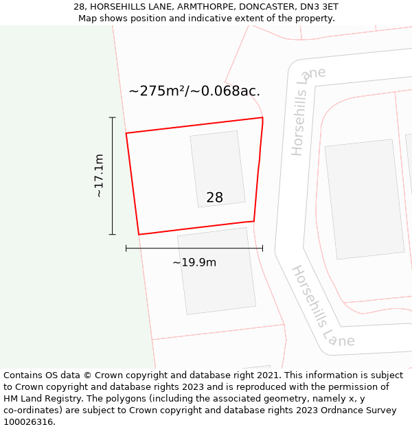 28, HORSEHILLS LANE, ARMTHORPE, DONCASTER, DN3 3ET: Plot and title map