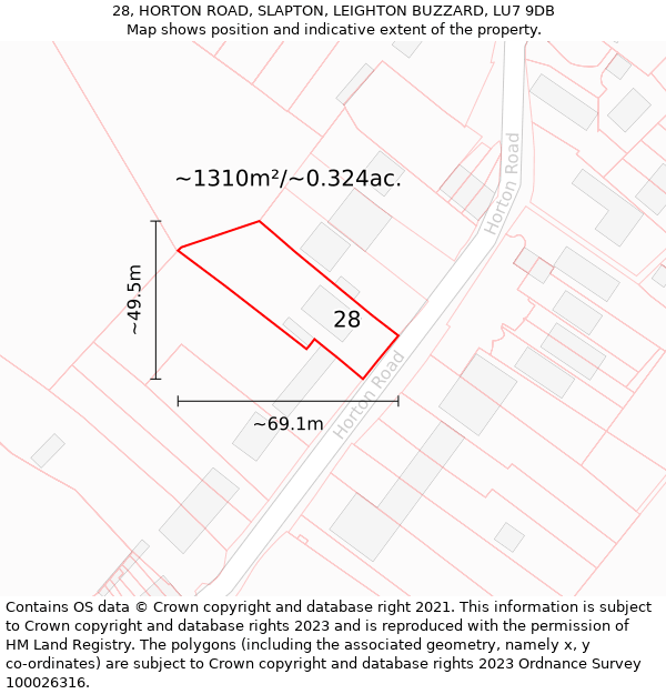 28, HORTON ROAD, SLAPTON, LEIGHTON BUZZARD, LU7 9DB: Plot and title map