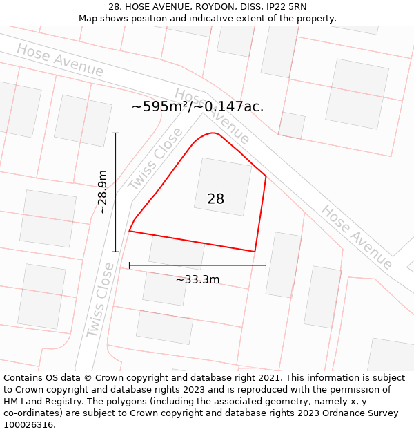 28, HOSE AVENUE, ROYDON, DISS, IP22 5RN: Plot and title map