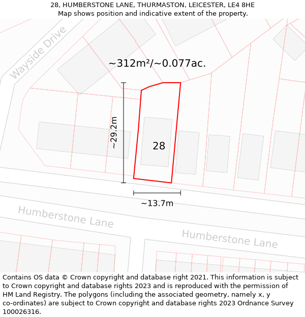 28, HUMBERSTONE LANE, THURMASTON, LEICESTER, LE4 8HE: Plot and title map