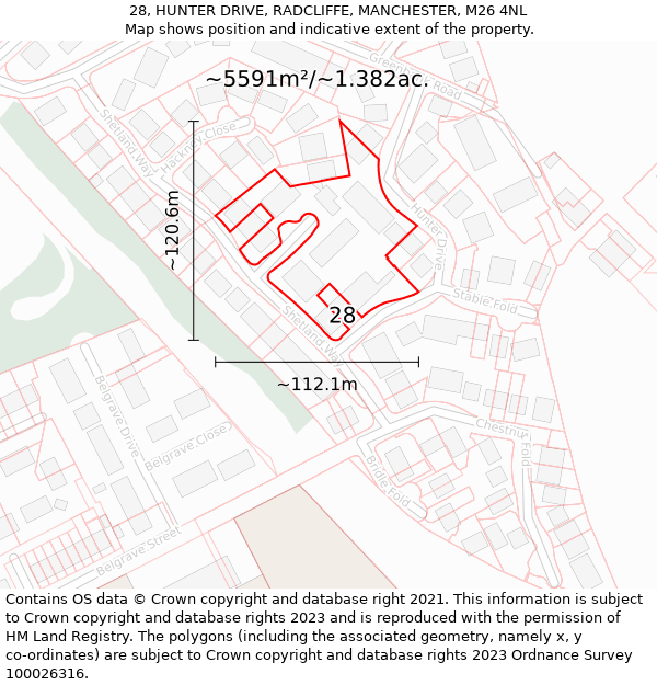 28, HUNTER DRIVE, RADCLIFFE, MANCHESTER, M26 4NL: Plot and title map