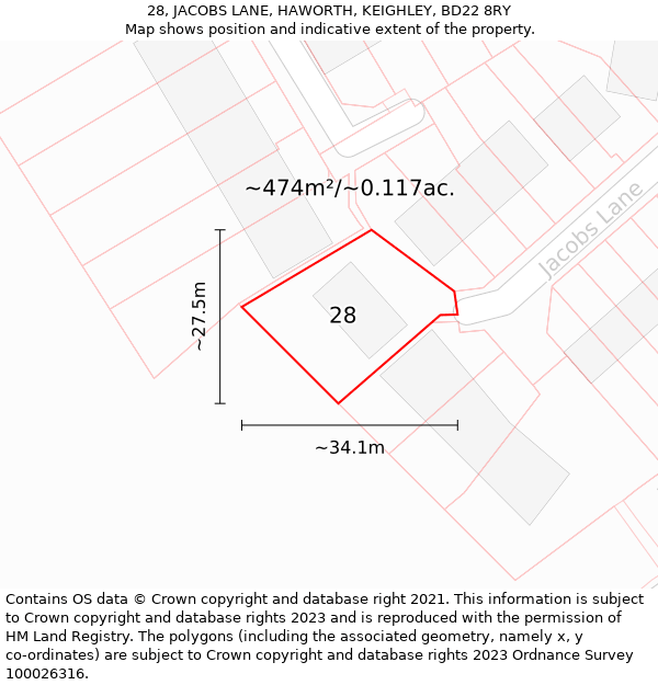 28, JACOBS LANE, HAWORTH, KEIGHLEY, BD22 8RY: Plot and title map