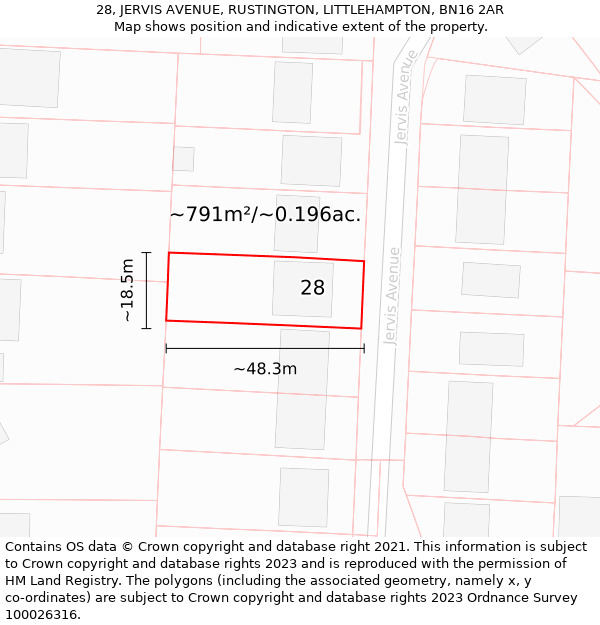 28, JERVIS AVENUE, RUSTINGTON, LITTLEHAMPTON, BN16 2AR: Plot and title map